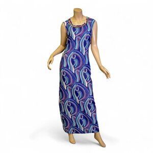 Vintage 70s Psychedelic Sleeveless Open-Side Maxi Dress
